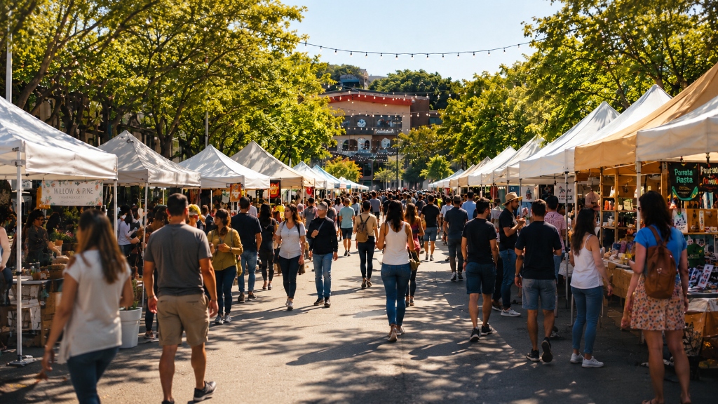 Warm sunny pop-up market with string lights and white vendor tents